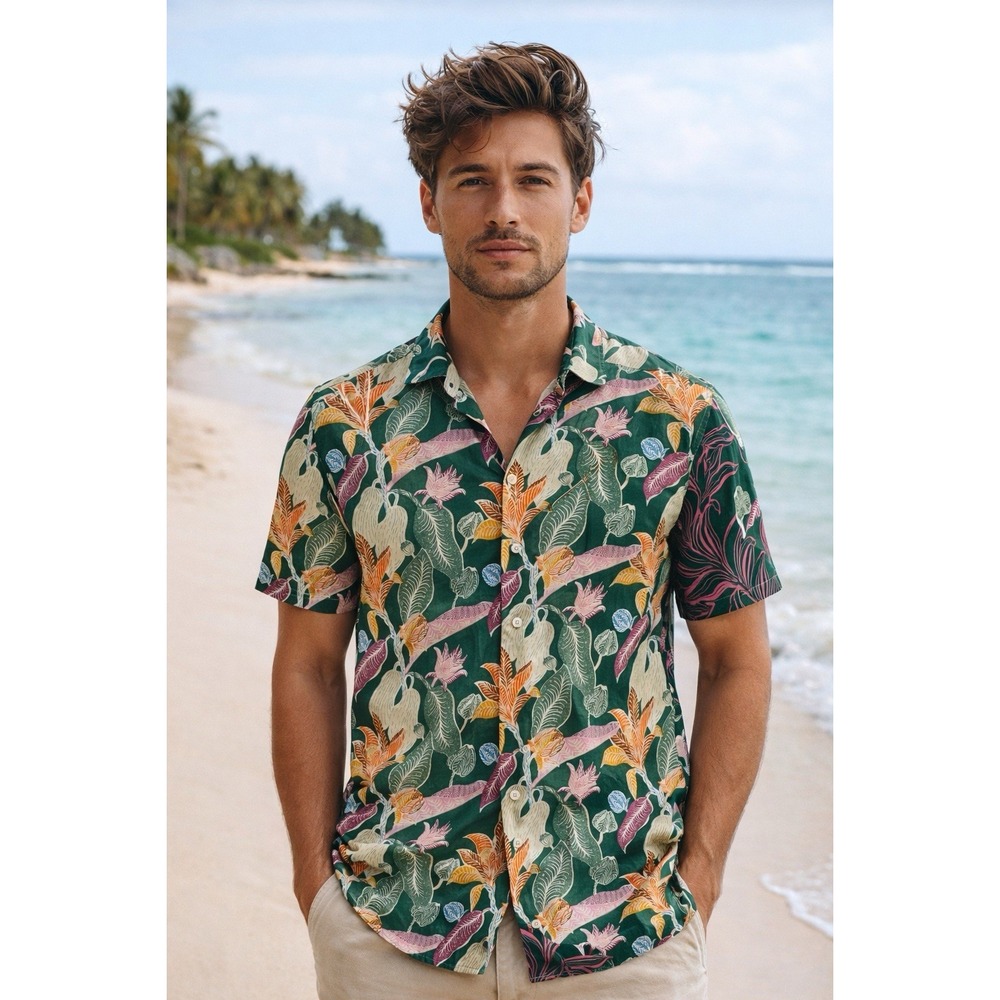 Scotch & Soda Mens Small Tropical Botanical Button Front Shirt Green‎ $148